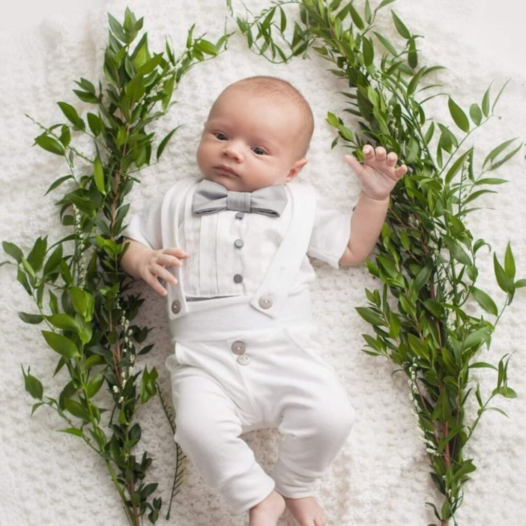 White Baby Blessing & Christening Outfit with Grey Accents